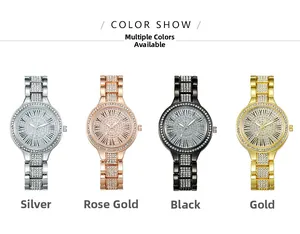 Vue détaillée des montres à quartz en cristal étincelant en argent rose gold noir et or