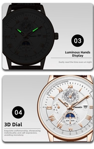 Detail of rose gold luminous watch hands and 3D embossed dial with moon phase function