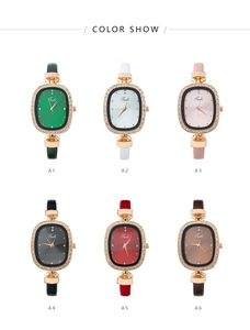 Detailed color show of elegant ladies watches with rhinestone bezels and leather straps