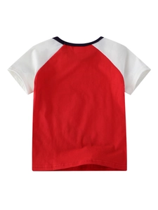 T-shirt enfant rouge et blanc à manches raglan et col contrasté vue de dos