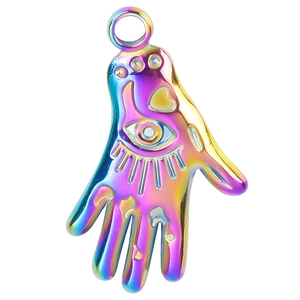Rainbow plated Hamsa Hand turtle pendant necklace with eye and heart embossed details