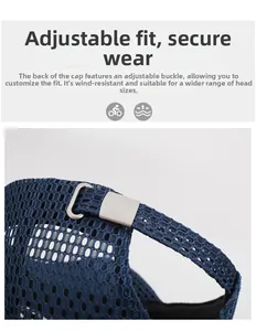 Detail of adjustable metal buckle and breathable mesh fabric on navy blue baseball cap