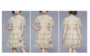 Three-angle view of beige lace tier dress with pearl collar and ruffle sleeves