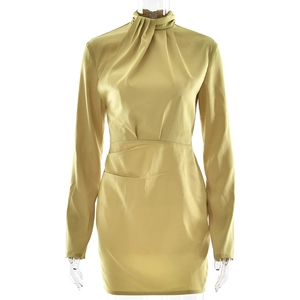 Elegant yellow satin long sleeve mini dress with high neck and ruching details