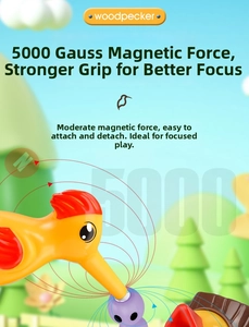Detail showing magnetic woodpecker bird catching colorful toy worms with high suction power
