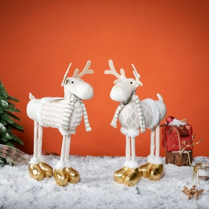 Set of two decorative white and gold Christmas reindeer plush figures with striped scarves