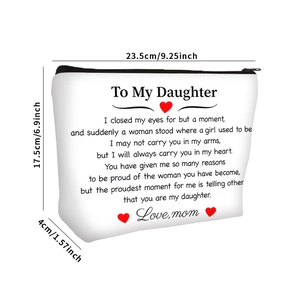 Large capacity white canvas makeup bag with inspirational quote for daughter and zipper