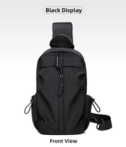 Front detail of black waterproof chest bag with vertical zipper and drawstring side pockets