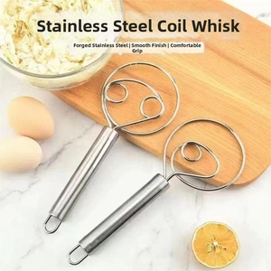Detail view of dual stainless steel dough whisks with ergonomic handles on marble surface
