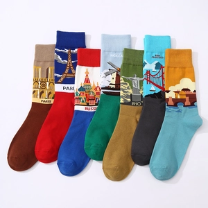 Cotton mid-calf socks with colorful city landmark prints like Paris and San Francisco
