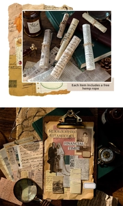 Macro view of vintage collage scrapbooking kit with aged paper and hemp rope