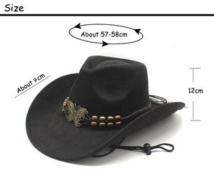 Detail view of western cowboy hat featuring heart-shaped buckle and size measurements