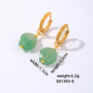 Detail view of gold circular earrings with geometric pale green stone drops and size info