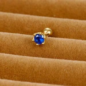 Royal blue zircon flower crown screw back earring in gold stainless steel finish