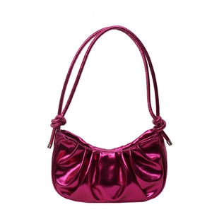 Fuchsia metallic pleated cloud bag with knotted shoulder strap and crescent moon shape