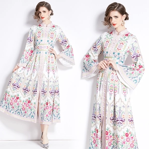 Ethnic Floral Print Maxi Dress Stand Collar Flare Long Sleeve Button Front Bohemian Split A-Line Flowy Gown Women