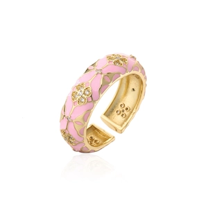 Detail of 18K gold-plated ring featuring pink enamel and sparkling floral zircon stones