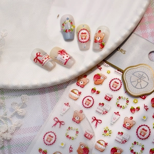 3D embossed bear and strawberry nail stickers with cream texture for cute DIY manicure