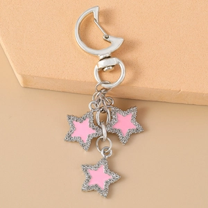 Silver star keychain with pink enamel and rhinestones for bags and accessories