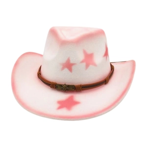Detail of pink gradient cowboy hat with star prints and bronze skull hatband