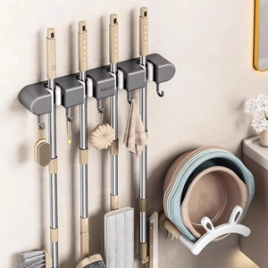 Wall Mounted Mop Broom Holder Organizer Rack With Hooks Adhesive Suction Cup Heavy Duty Anti Slip Silicone ABS For Home
