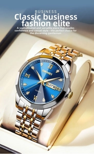 Close-up of SKMEI business watch with blue sunray dial and two-tone steel band on pillow