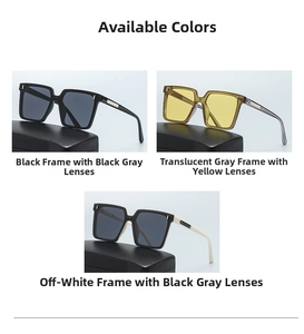 Detailed comparison of square sunglasses in black, transparent grey, and beige frames