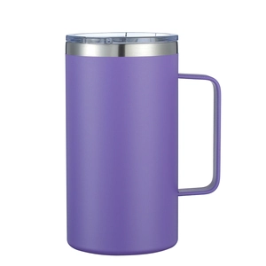 Close-up of a 24oz purple stainless steel insulated tumbler with handle and clear lid