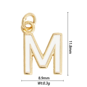 Detailed size specifications for gold letter M charm with height 11.8mm and width 8.9mm