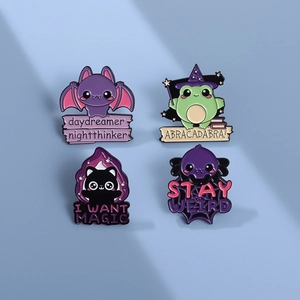 Cartoon enamel pin set with bat frog and black cat badges for clothing and bags