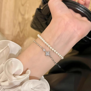 Elegant silver star zircon adjustable bracelet and pearl bead layered set for women