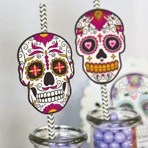 Biodegradable paper straws with colorful Day of the Dead sugar skull party decorations