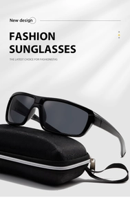 Polarized cycling sunglasses with rectangular black frame and protective zipper case