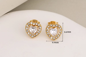 Detailed size view of gold heart stud earrings with crystals measuring 9.8mm by 9.9mm