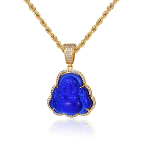 Detailed view of Buddha pendant with blue stone and gold chain for hip hop necklace
