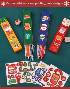 Detailed view of Christmas stationery set with colorful pens and holiday cartoon stickers