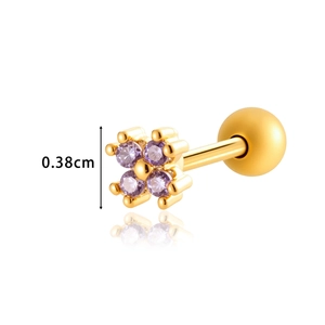 Golden flower cartilage earring with purple zircon petals and a screw back closure