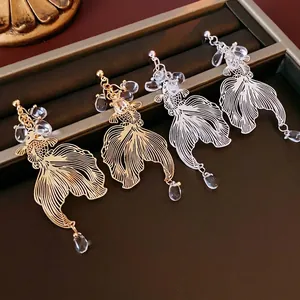 Hollow Koi Fish Dangle Earrings Elegant Copper With Silver Earring Post Crystal Bead Drop National Style Women Jewelry