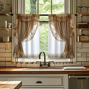 Detail of luxury golden beige kitchen curtain with elegant embroidery and tassels