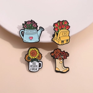 Lot de pins en émail créatifs avec motifs mignons d'arrosoir sac à dos et mug fleuri