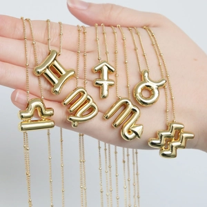 Golden 3D puffy balloon 12 zodiac pendant necklaces with shiny polished bead chains