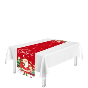 Red Santa Claus table runner with snowman patterns and Merry Christmas text for holiday decor