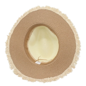 Close-up of woven straw sun hat showing interior texture and frayed edge detail