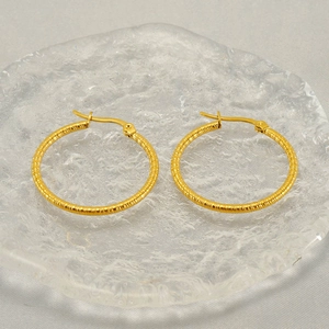 Chic gold stainless steel hoop earrings with textured finish on a decorative glass tray