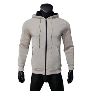 Detail view of men's fleece hoodie with drawstring hood, front pocket and ribbed cuffs