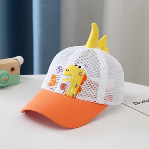 Detailed view of kids breathable mesh baseball cap with cute yellow dinosaur embroidery