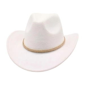 Classic white felt western cowboy hat with decorative gold sequin band on plain background