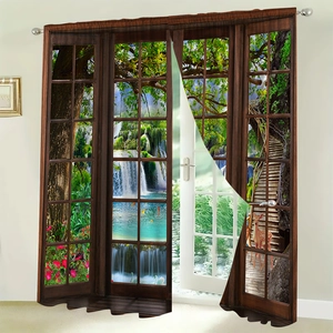 Detail view of 3D digital forest waterfall print curtain with deer and pigeon imagery