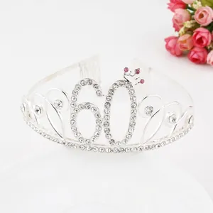 Silver 60th birthday tiara with rhinestones and pink mini crown detail for women