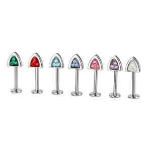 F136 titanium cat ear cartilage studs with colorful triangular crystals on white background